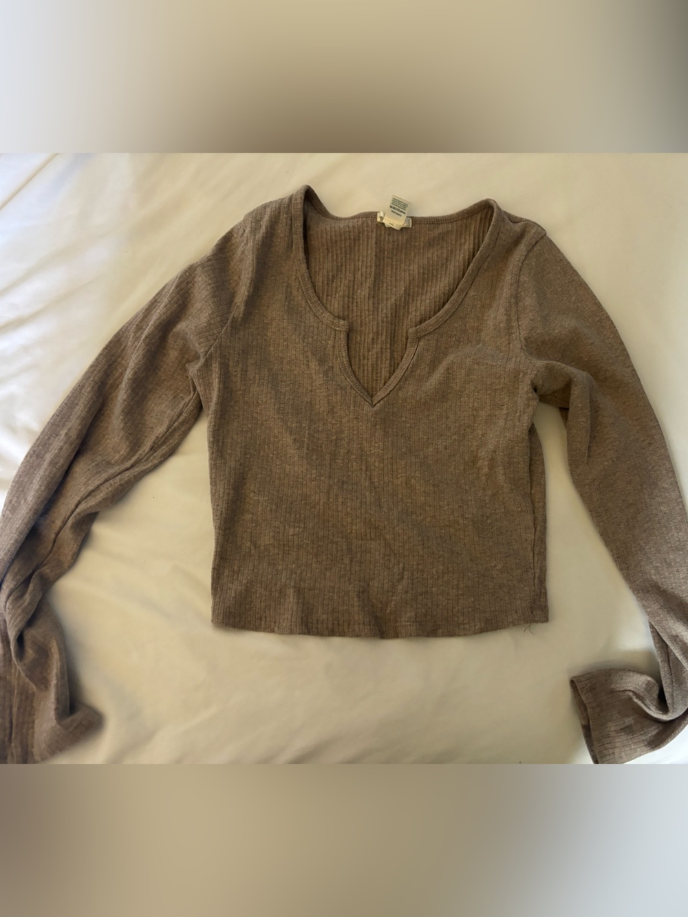 Bozzolo Brown Ribbed Long Sleeve V-Neck Top